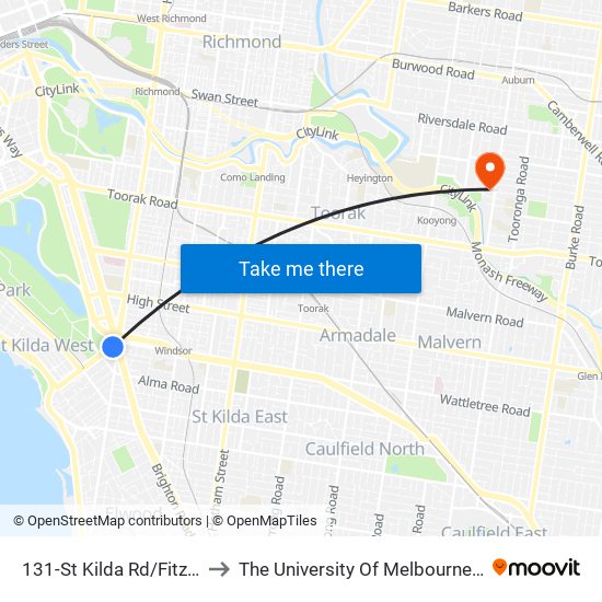 131-St Kilda Rd/Fitzroy St (St Kilda) to The University Of Melbourne (Hawthorn Campus) map