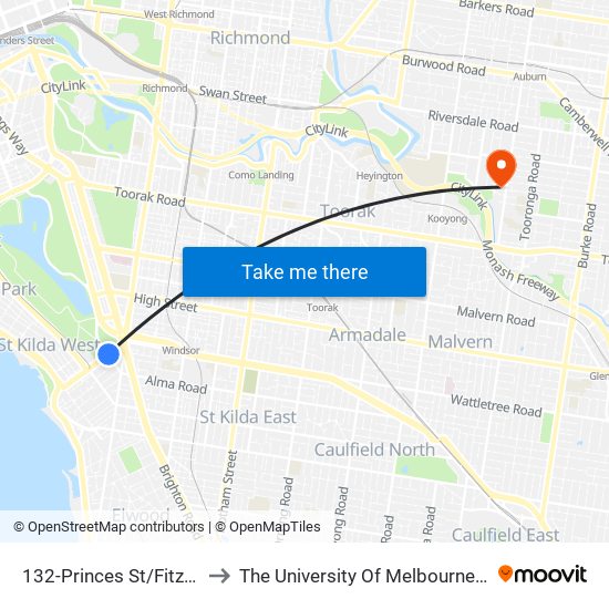 132-Princes St/Fitzroy St (St Kilda) to The University Of Melbourne (Hawthorn Campus) map