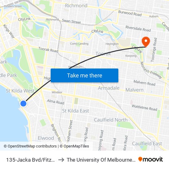 135-Jacka Bvd/Fitzroy St (St Kilda) to The University Of Melbourne (Hawthorn Campus) map