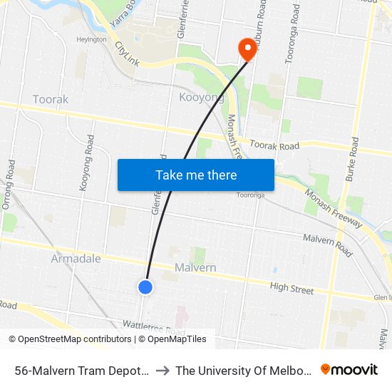 56-Malvern Tram Depot/Glenferrie Rd (Malvern) to The University Of Melbourne (Hawthorn Campus) map