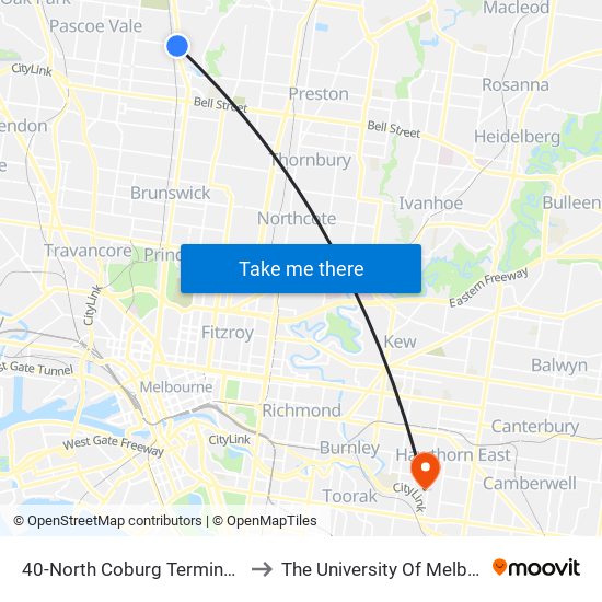 40-North Coburg Terminus/Sydney Rd (Coburg North) to The University Of Melbourne (Hawthorn Campus) map