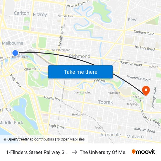1-Flinders Street Railway Station/Elizabeth St (Melbourne City) to The University Of Melbourne (Hawthorn Campus) map