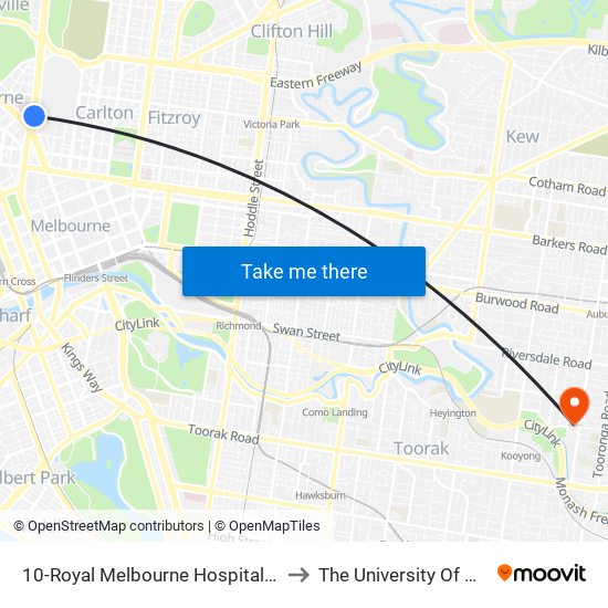 10-Royal Melbourne Hospital-Parkville Station/Royal Pde (Melbourne City) to The University Of Melbourne (Hawthorn Campus) map