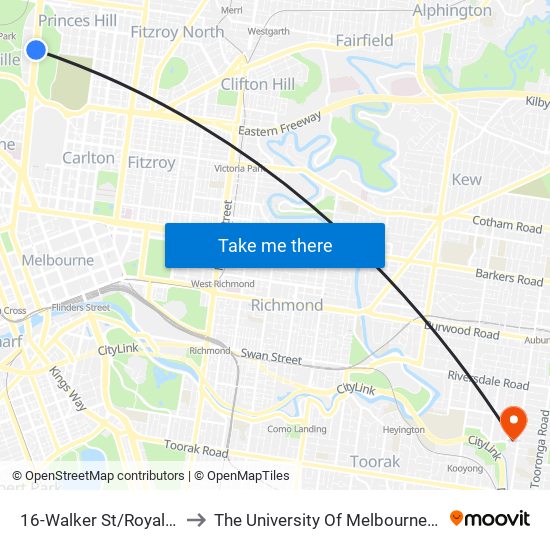 16-Walker St/Royal Pde (Parkville) to The University Of Melbourne (Hawthorn Campus) map