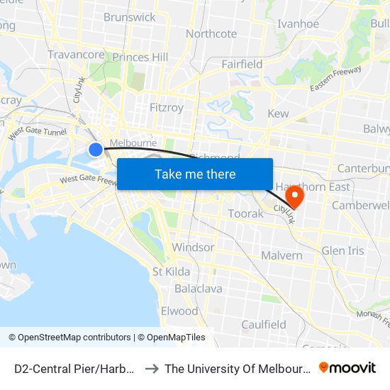 D2-Central Pier/Harbour Esp (Docklands) to The University Of Melbourne (Hawthorn Campus) map