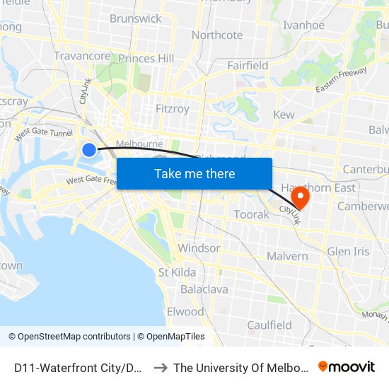 D11-Waterfront City/Docklands Dr (Docklands) to The University Of Melbourne (Hawthorn Campus) map