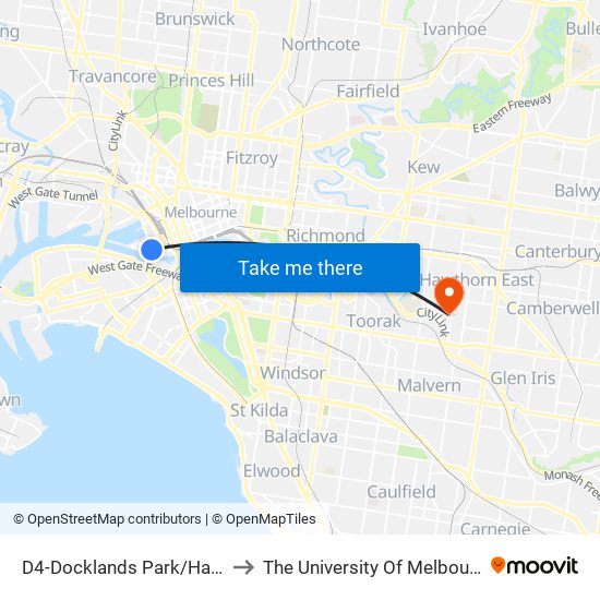 D4-Docklands Park/Harbour Esp (Docklands) to The University Of Melbourne (Hawthorn Campus) map