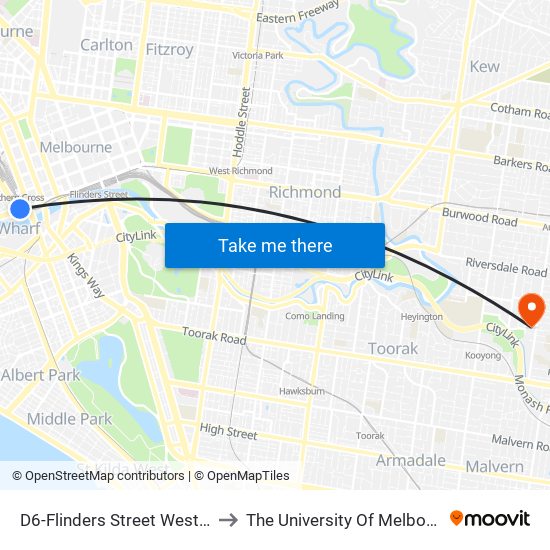 D6-Flinders Street West/Flinders St (Docklands) to The University Of Melbourne (Hawthorn Campus) map