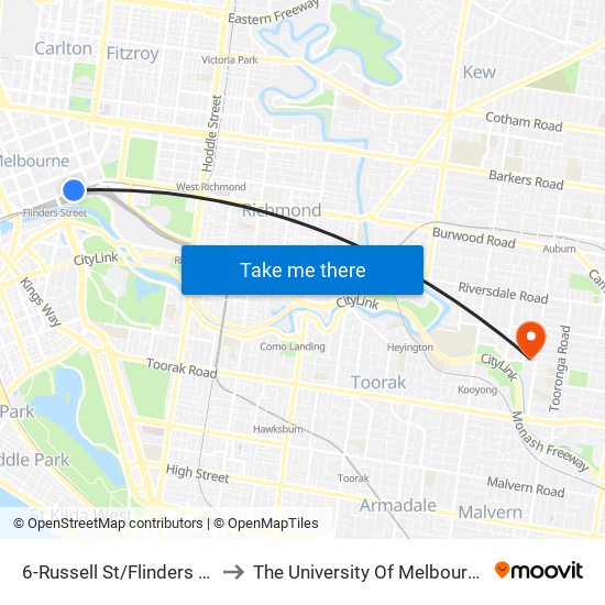 6-Russell St/Flinders St (Melbourne City) to The University Of Melbourne (Hawthorn Campus) map