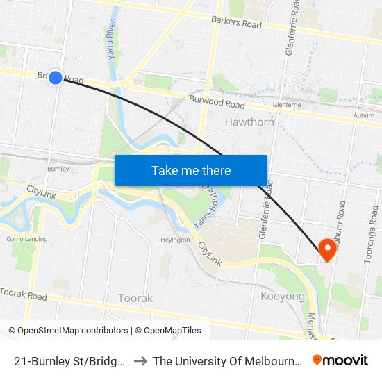 21-Burnley St/Bridge Rd (Richmond) to The University Of Melbourne (Hawthorn Campus) map