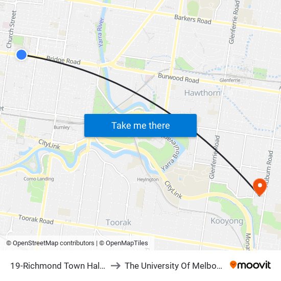 19-Richmond Town Hall/Bridge Rd (Richmond) to The University Of Melbourne (Hawthorn Campus) map