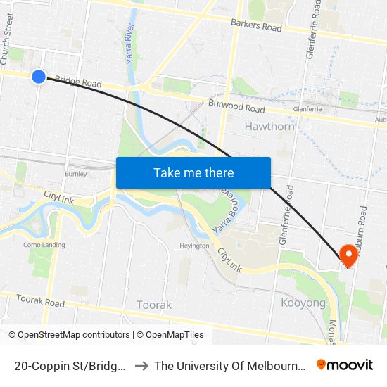 20-Coppin St/Bridge Rd (Richmond) to The University Of Melbourne (Hawthorn Campus) map