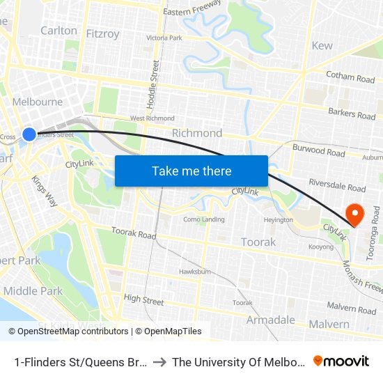 1-Flinders St/Queens Bridge St (Melbourne City) to The University Of Melbourne (Hawthorn Campus) map