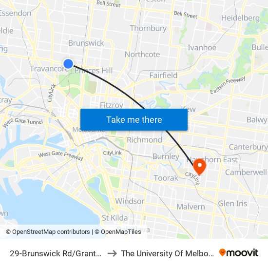 29-Brunswick Rd/Grantham St (Brunswick West) to The University Of Melbourne (Hawthorn Campus) map