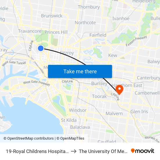 19-Royal Childrens Hospital/Flemington Rd (North Melbourne) to The University Of Melbourne (Hawthorn Campus) map