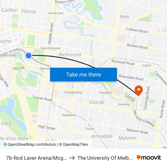 7b-Rod Laver Arena/Mcg Gates 1-3 (Melbourne City) to The University Of Melbourne (Hawthorn Campus) map