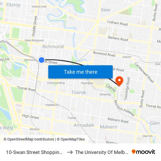 10-Swan Street Shopping Centre/Swan St (Richmond) to The University Of Melbourne (Hawthorn Campus) map