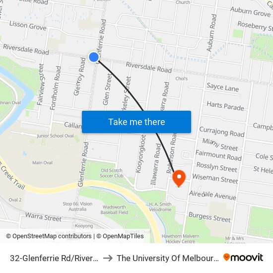 32-Glenferrie Rd/Riversdale Rd (Hawthorn) to The University Of Melbourne (Hawthorn Campus) map