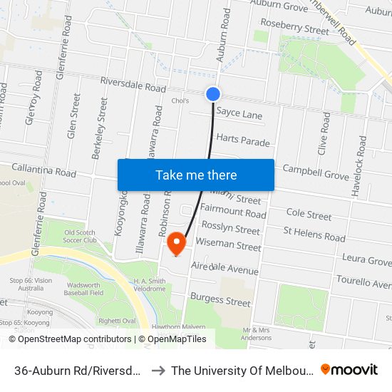 36-Auburn Rd/Riversdale Rd (Hawthorn East) to The University Of Melbourne (Hawthorn Campus) map