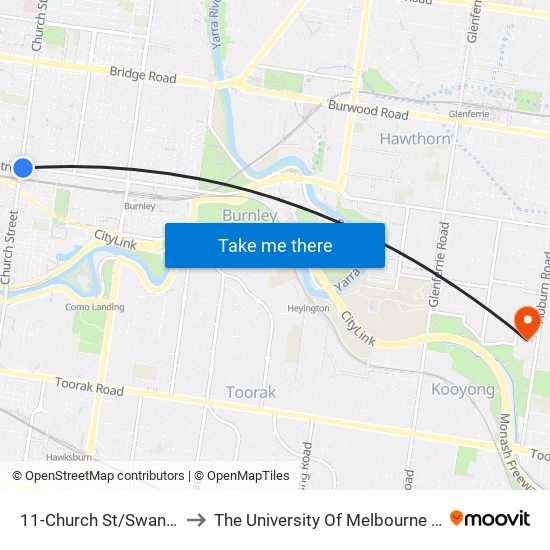 11-Church St/Swan St (Richmond) to The University Of Melbourne (Hawthorn Campus) map