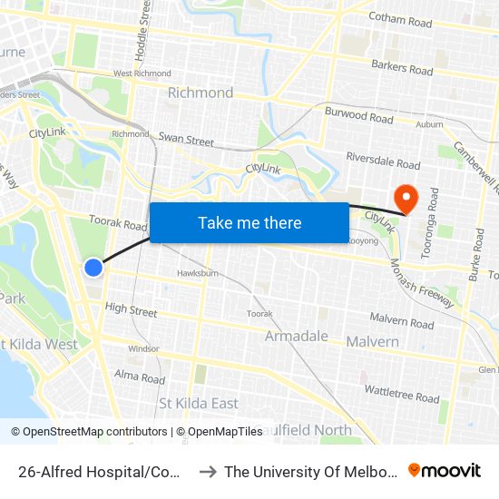 26-Alfred Hospital/Commercial Rd (South Yarra) to The University Of Melbourne (Hawthorn Campus) map