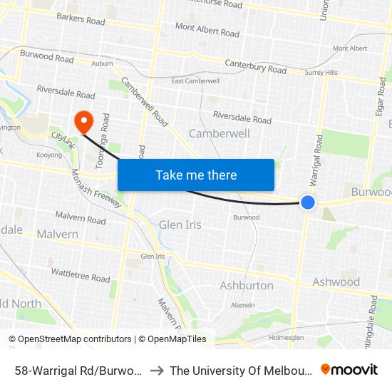 58-Warrigal Rd/Burwood Hwy (Camberwell) to The University Of Melbourne (Hawthorn Campus) map