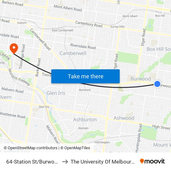 64-Station St/Burwood Hwy (Burwood) to The University Of Melbourne (Hawthorn Campus) map