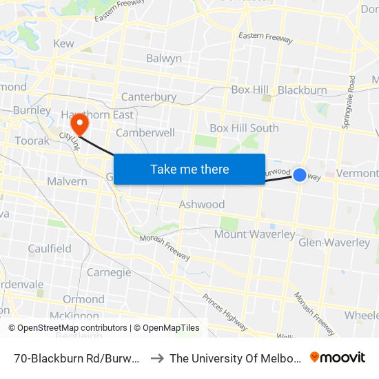 70-Blackburn Rd/Burwood Hwy (Burwood East) to The University Of Melbourne (Hawthorn Campus) map