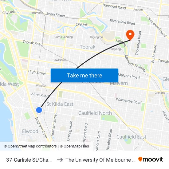 37-Carlisle St/Chapel St (St Kilda) to The University Of Melbourne (Hawthorn Campus) map