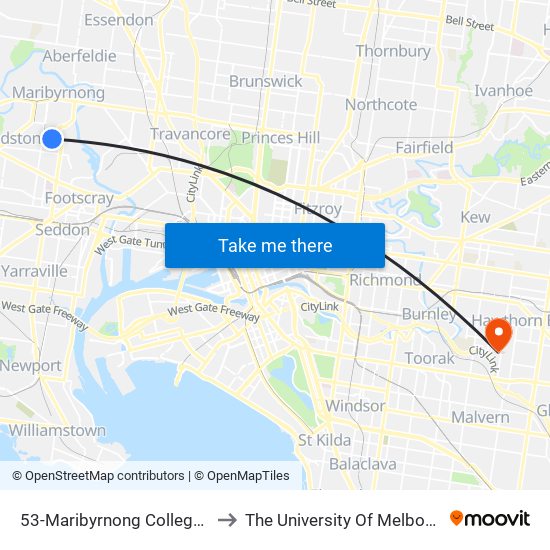 53-Maribyrnong College/River St (Maribyrnong) to The University Of Melbourne (Hawthorn Campus) map