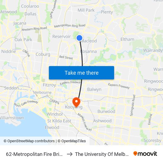 62-Metropolitan Fire Brigade/Plenty Rd (Bundoora) to The University Of Melbourne (Hawthorn Campus) map