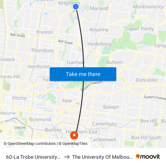 60-La Trobe University/Plenty Rd (Bundoora) to The University Of Melbourne (Hawthorn Campus) map