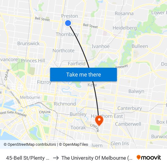 45-Bell St/Plenty Rd (Preston) to The University Of Melbourne (Hawthorn Campus) map