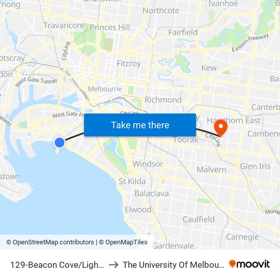 129-Beacon Cove/Light Rail (Port Melbourne) to The University Of Melbourne (Hawthorn Campus) map