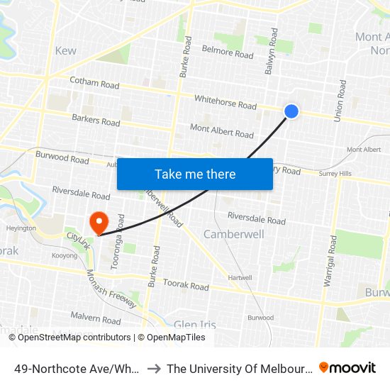 49-Northcote Ave/Whitehorse Rd (Balwyn) to The University Of Melbourne (Hawthorn Campus) map