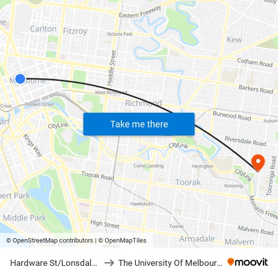 Hardware St/Lonsdale St (Melbourne City) to The University Of Melbourne (Hawthorn Campus) map