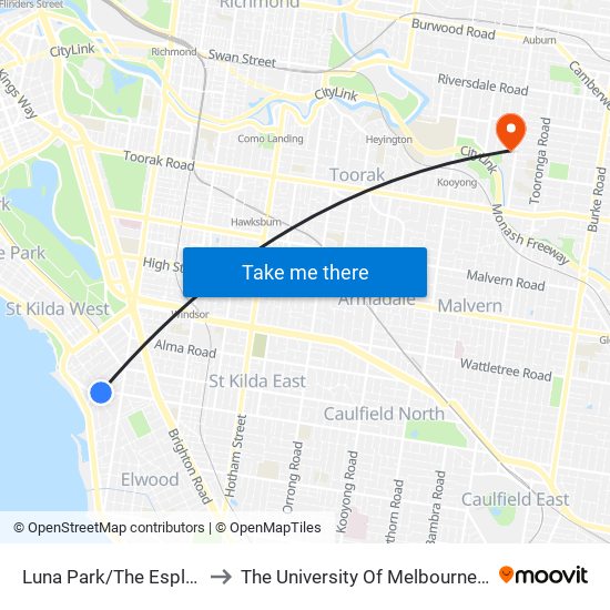 Luna Park/The Esplanade (St Kilda) to The University Of Melbourne (Hawthorn Campus) map
