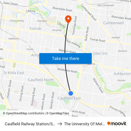 Caulfield Railway Station/Sir John Monash Dr (Caulfield East) to The University Of Melbourne (Hawthorn Campus) map