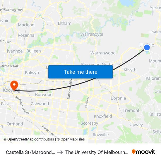 Castella St/Maroondah Hwy (Lilydale) to The University Of Melbourne (Hawthorn Campus) map