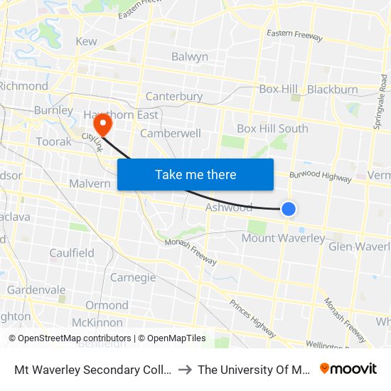 Mt Waverley Secondary College/Stephensons Rd (Mount Waverley) to The University Of Melbourne (Hawthorn Campus) map