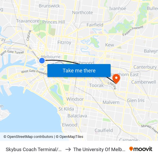 Skybus Coach Terminal/Spencer St (Melbourne City) to The University Of Melbourne (Hawthorn Campus) map