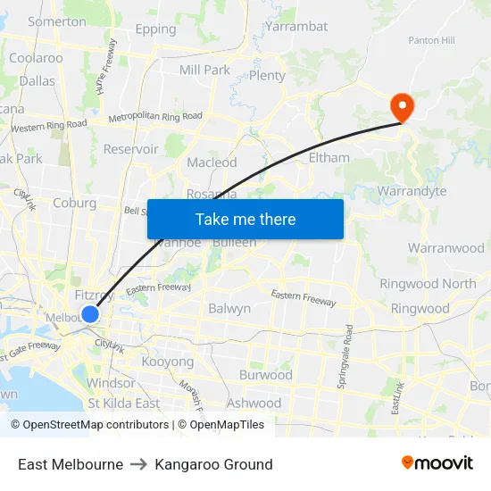East Melbourne to Kangaroo Ground map