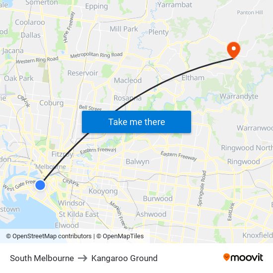 South Melbourne to Kangaroo Ground map