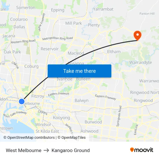 West Melbourne to Kangaroo Ground map