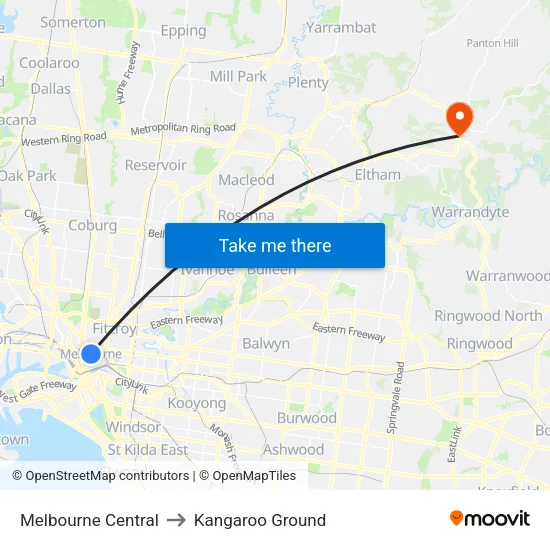 Melbourne Central to Kangaroo Ground map