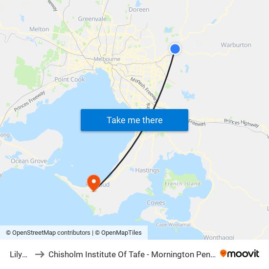 Lilydale to Chisholm Institute Of Tafe - Mornington Peninsula Campus map