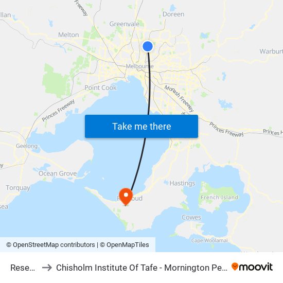 Reservoir to Chisholm Institute Of Tafe - Mornington Peninsula Campus map