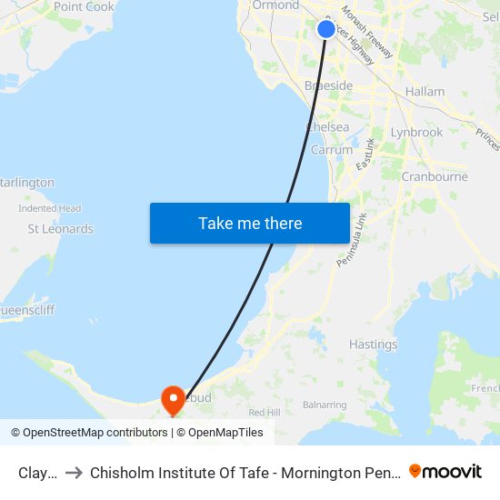 Clayton to Chisholm Institute Of Tafe - Mornington Peninsula Campus map