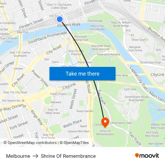 Melbourne to Shrine Of Remembrance map