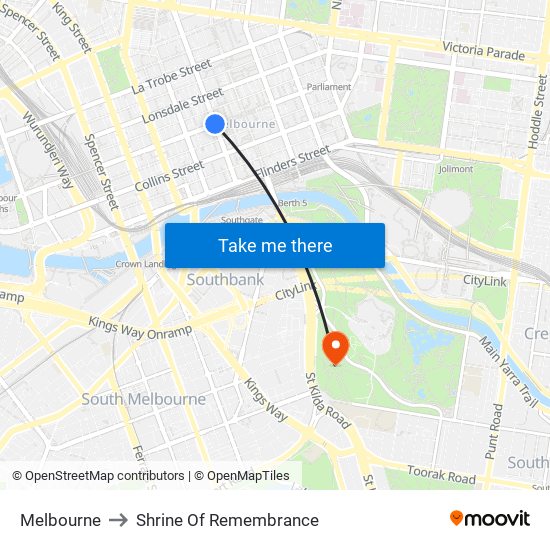 Melbourne to Shrine Of Remembrance map